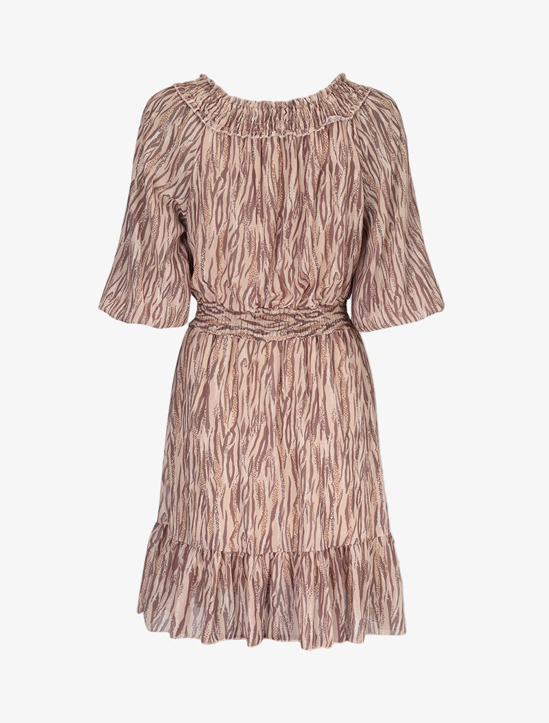 Robe à col bardot et imprimés - camel - 2