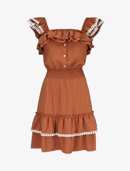 Robe unie à bretelles volantées - camel - 3