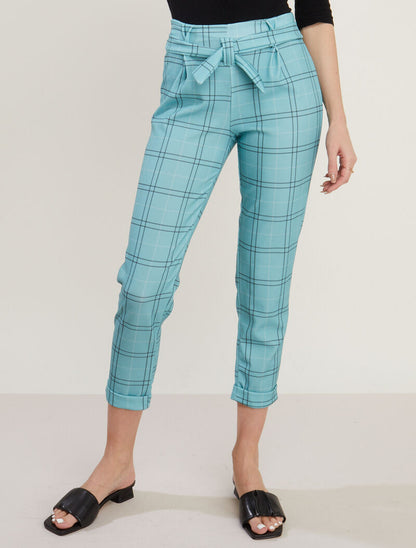 Pantalón 7/8 con estampado de tartán - turquesa