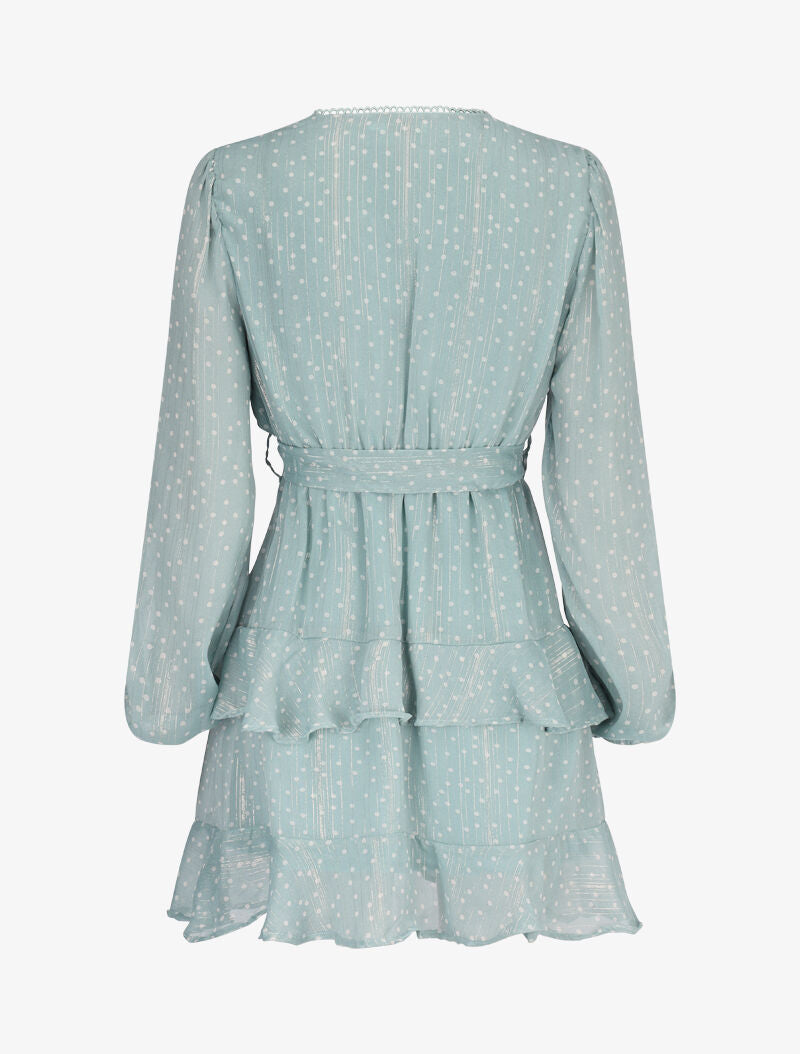 Robe courte à volants superposés imprimé pois - turquoise - 3