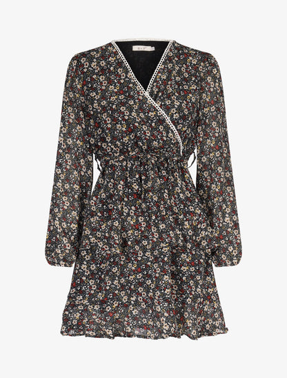 Robe courte à volants superposés imprimé fleuri - noir - 2