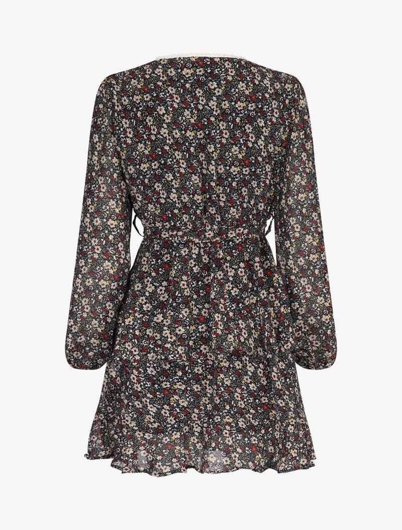 Robe courte à volants superposés imprimé fleuri - noir - 3