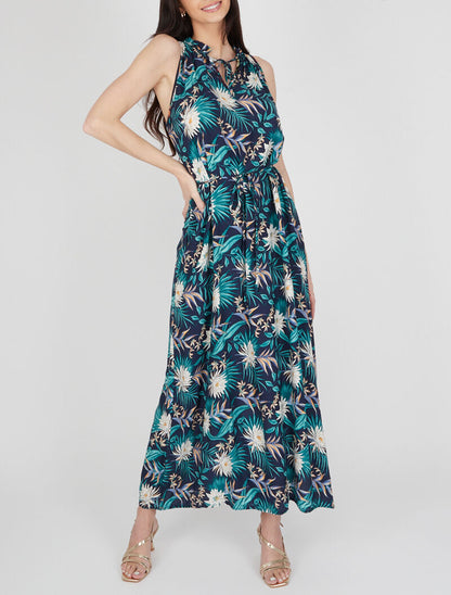 Robe imprimée à encolure montante volantée - marine - 4