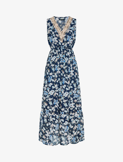Robe fleurie à encolure V en crochet - marine - 1