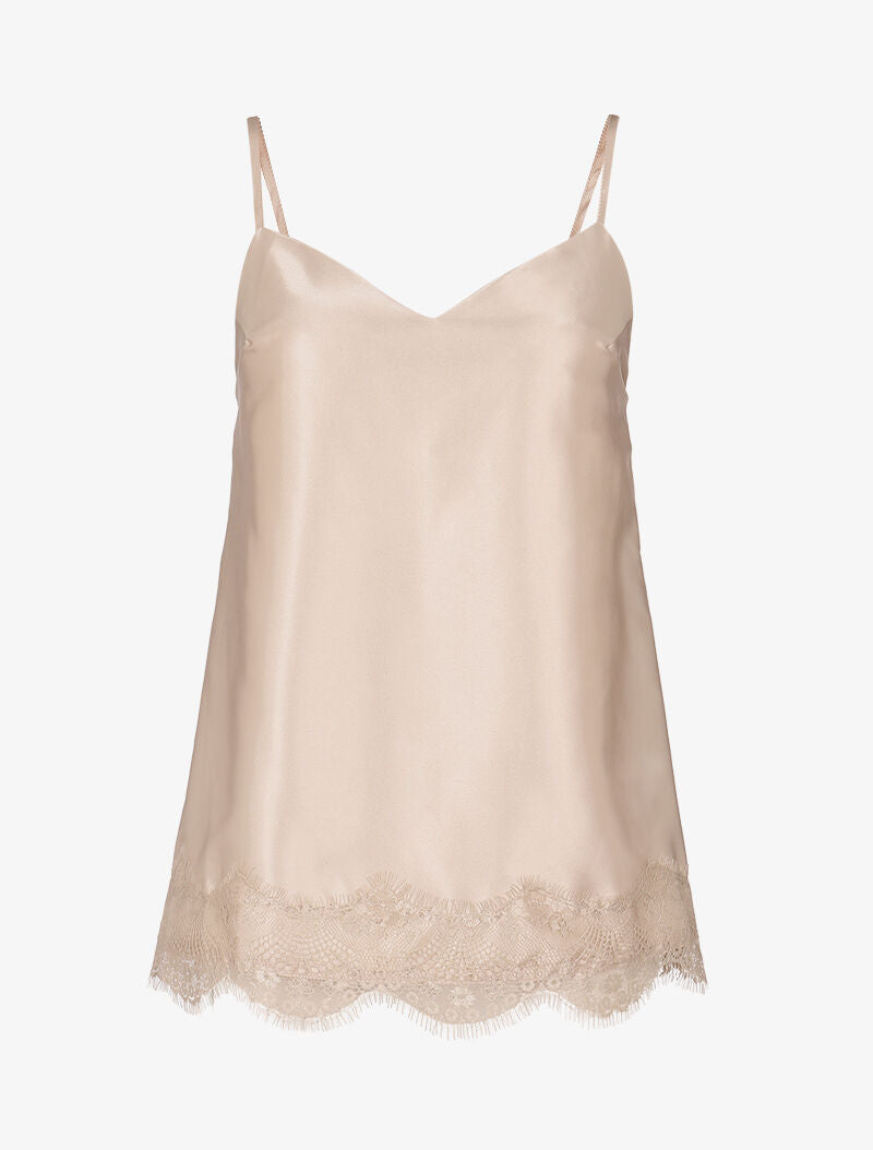 Débardeur satiné à bord en dentelle - beige - 1