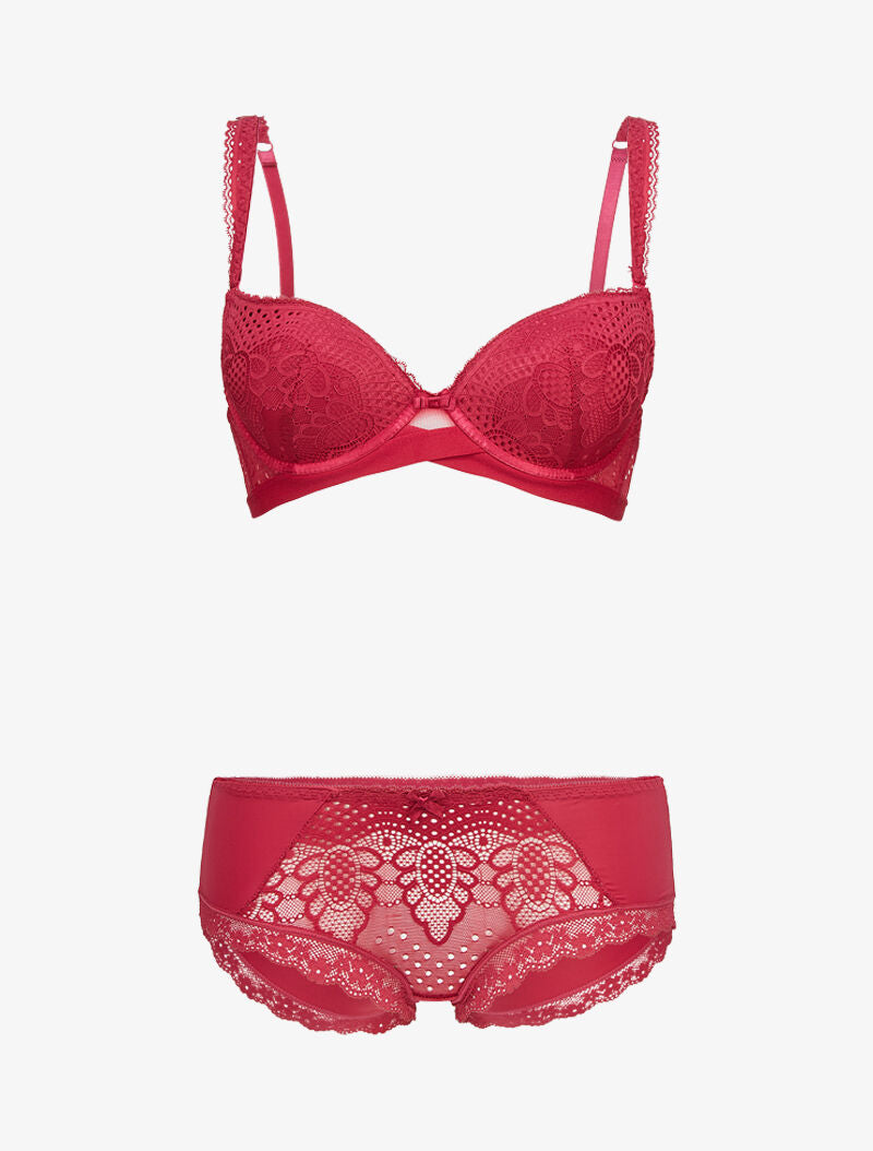 Ensembles à bretelles à bords dentelle et shorty ajouré - cerise - 1