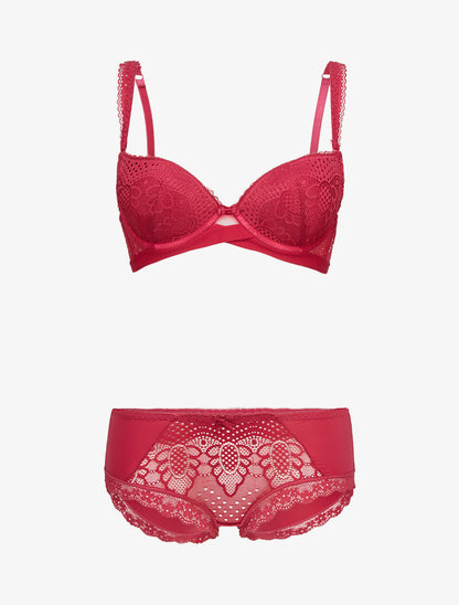 Ensembles à bretelles à bords dentelle et shorty ajouré - cerise - 1
