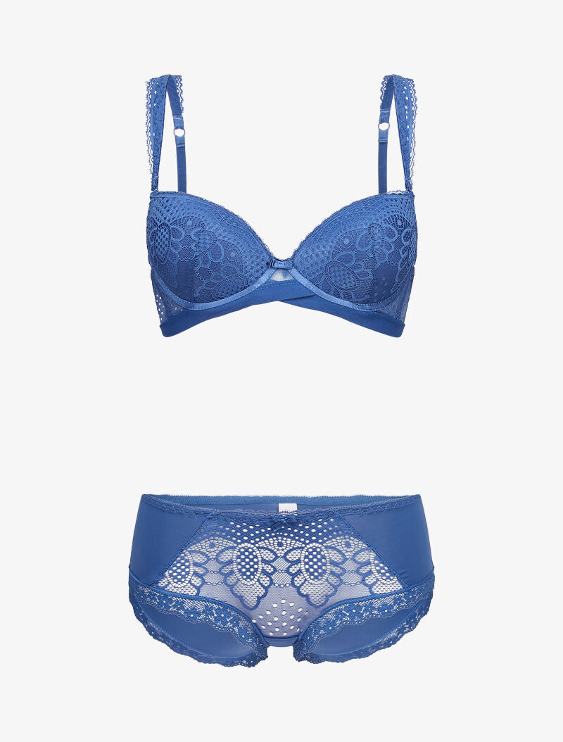 Ensembles à bretelles à bords dentelle et shorty ajouré - bleu - 1
