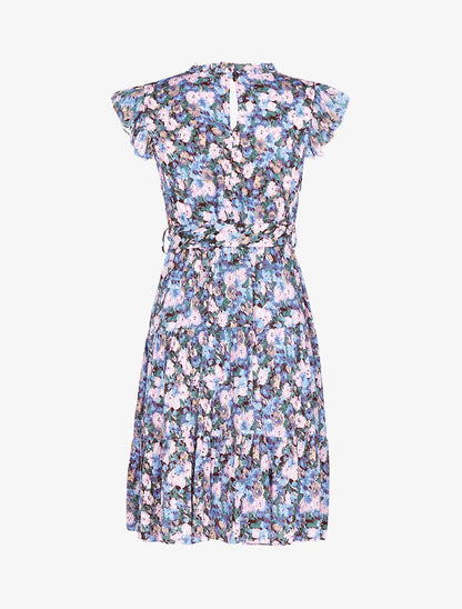 Robe fleurie à col montant volanté - bleu - 2