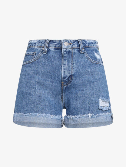 Short à ourlets effilochés - bleu denim - 3