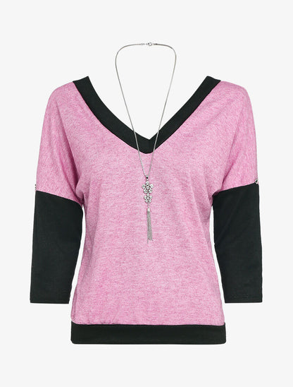 Pull fin bicolore à grande encolure V - rose - 1
