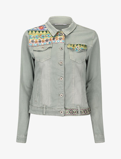 Veste en jean ornée de sequins et broderie - kaki - 2