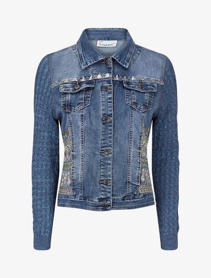 Veste en jean brodée à manches contrastantes - bleu denim - 2