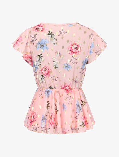 Top péplum cache coeur à fleurs et flocage - rose - 3