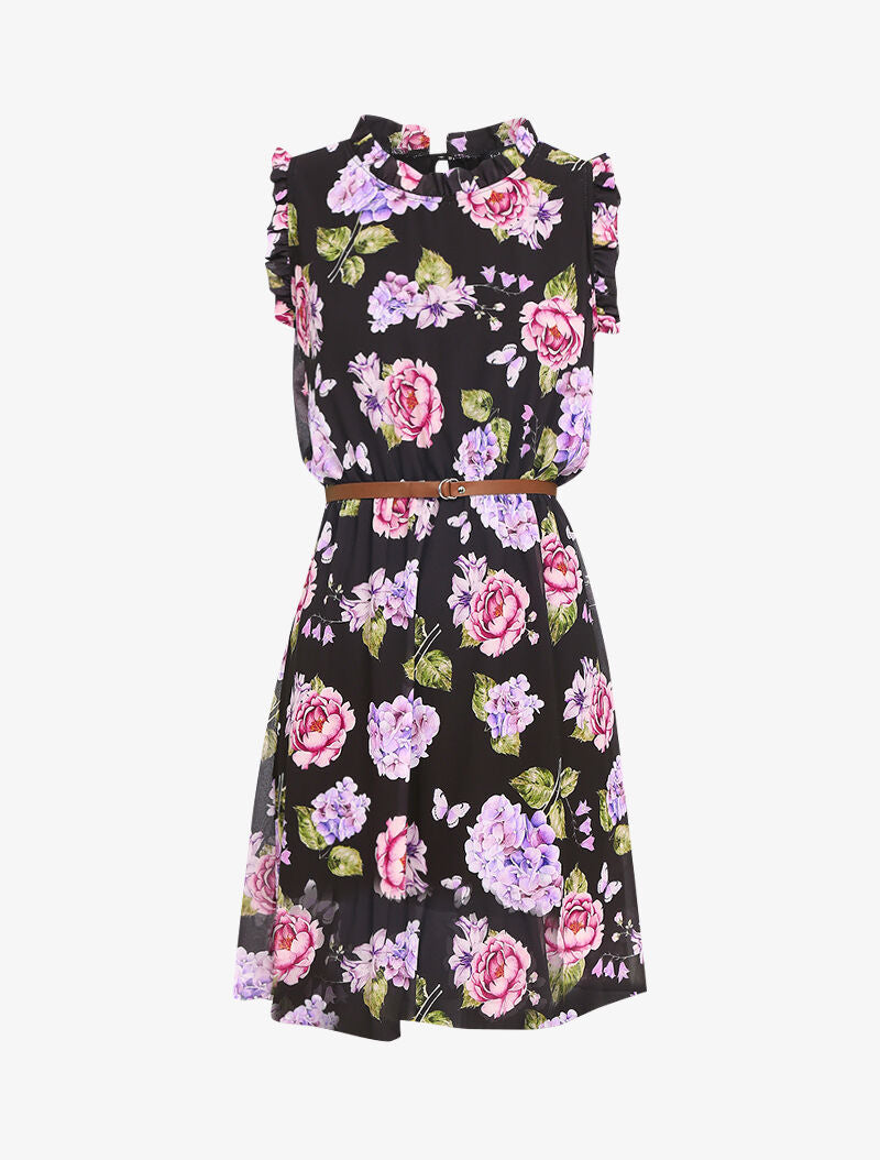 Robe imprimé fleurs à col et manches volantées - noir - 1
