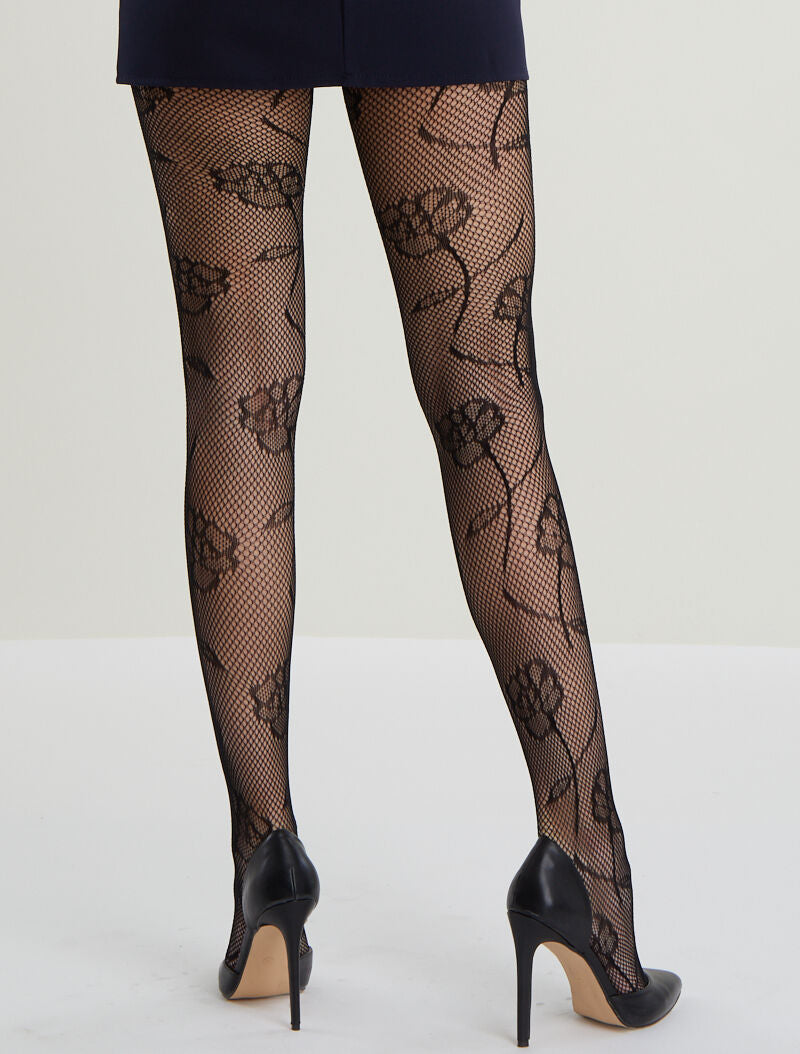 Collant résille à motifs roses - noir - 2