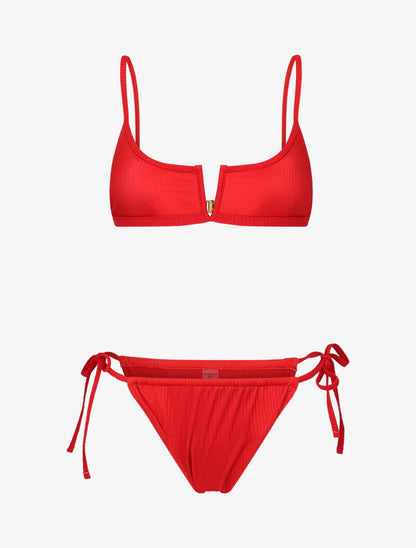 Bikini brassière côtelé à échancrure en V - rouge - 3