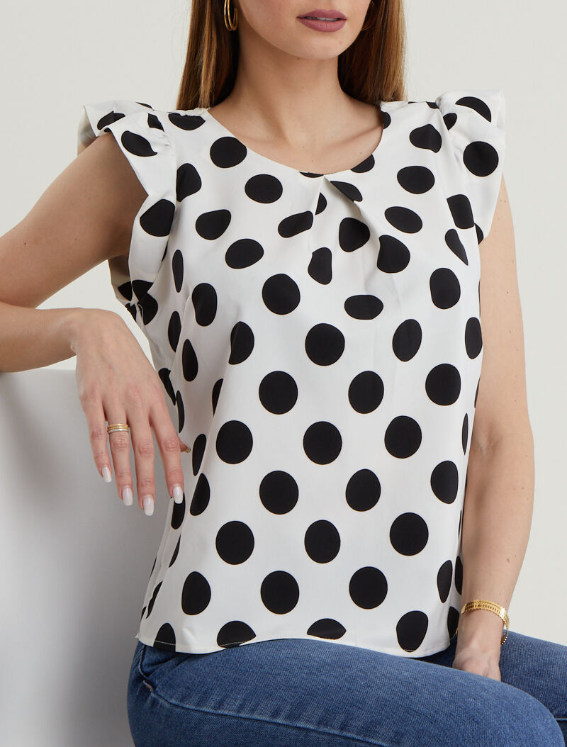 Blouse à pois à mancherons volantés - blanc - 1