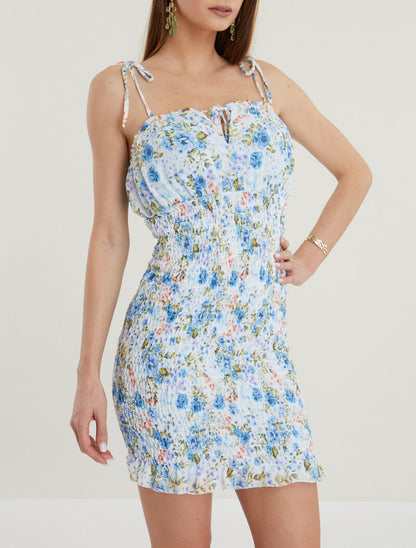 Robe élastiquée imprimé fleuri - bleu clair - 1