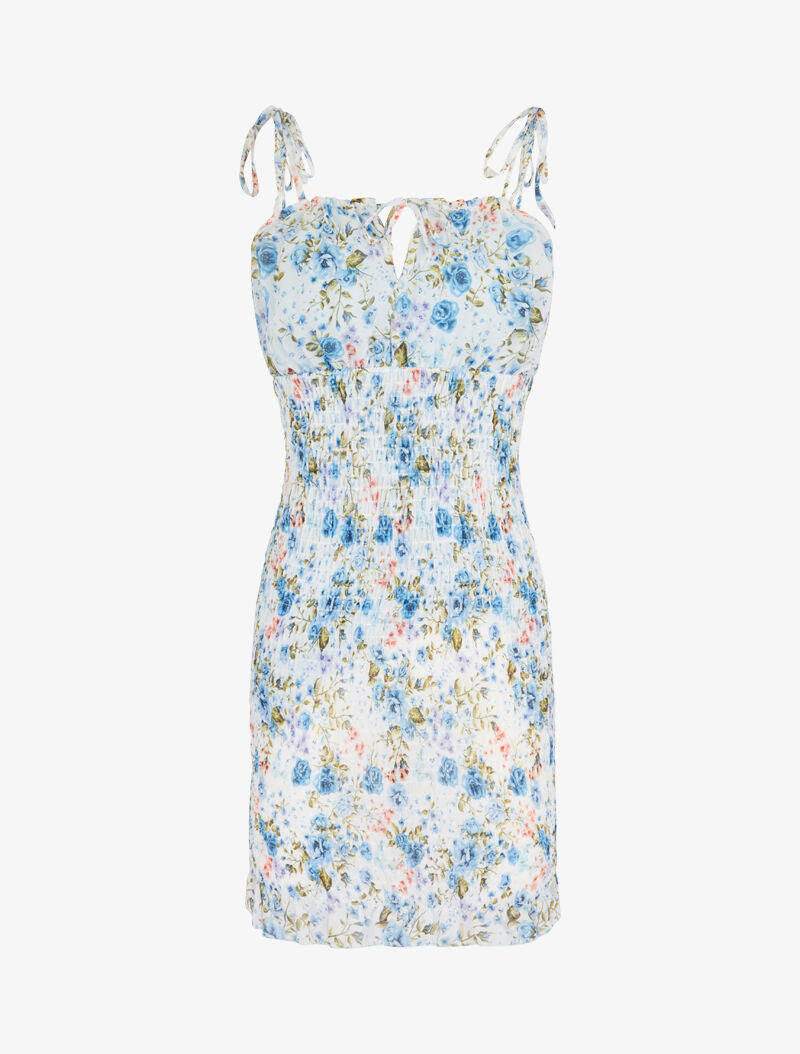 Robe élastiquée imprimé fleuri - bleu clair - 2