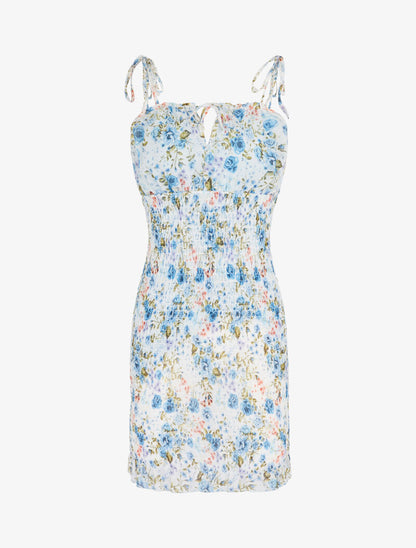 Robe élastiquée imprimé fleuri - bleu clair - 2
