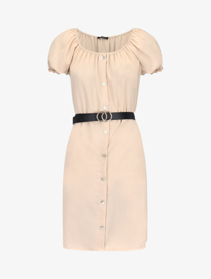 Robe ceinturée à boutons décoratifs - beige - 3