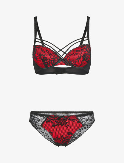 Ensemble à motif fleur graphique en dentelle - rouge - 3
