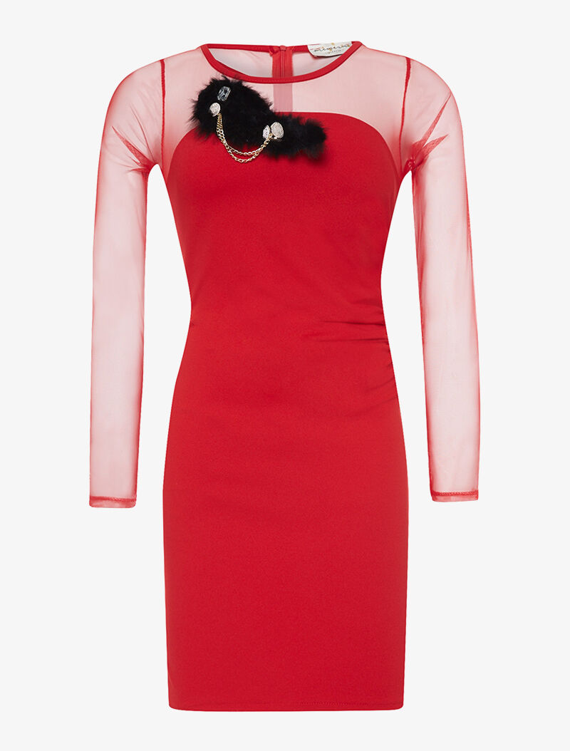 Robe broche fourrure - rouge - 1