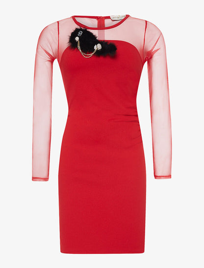 Robe broche fourrure - rouge - 1