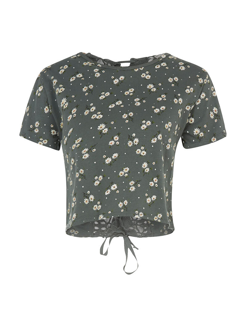 Crop-top fleuri dos dentelle - kaki - 1