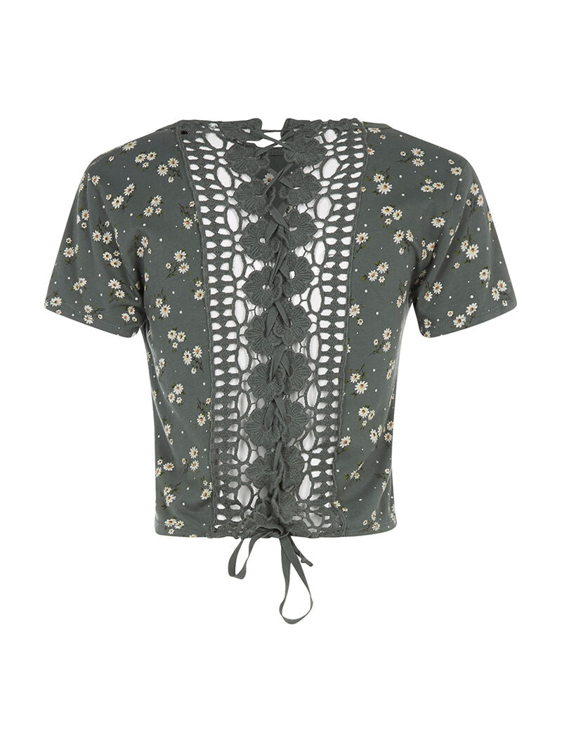 Crop-top fleuri dos dentelle - kaki - 2