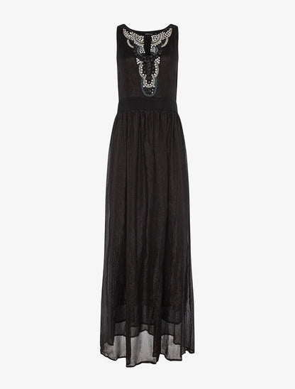 Robe longue plastron bijoux - noir - 2