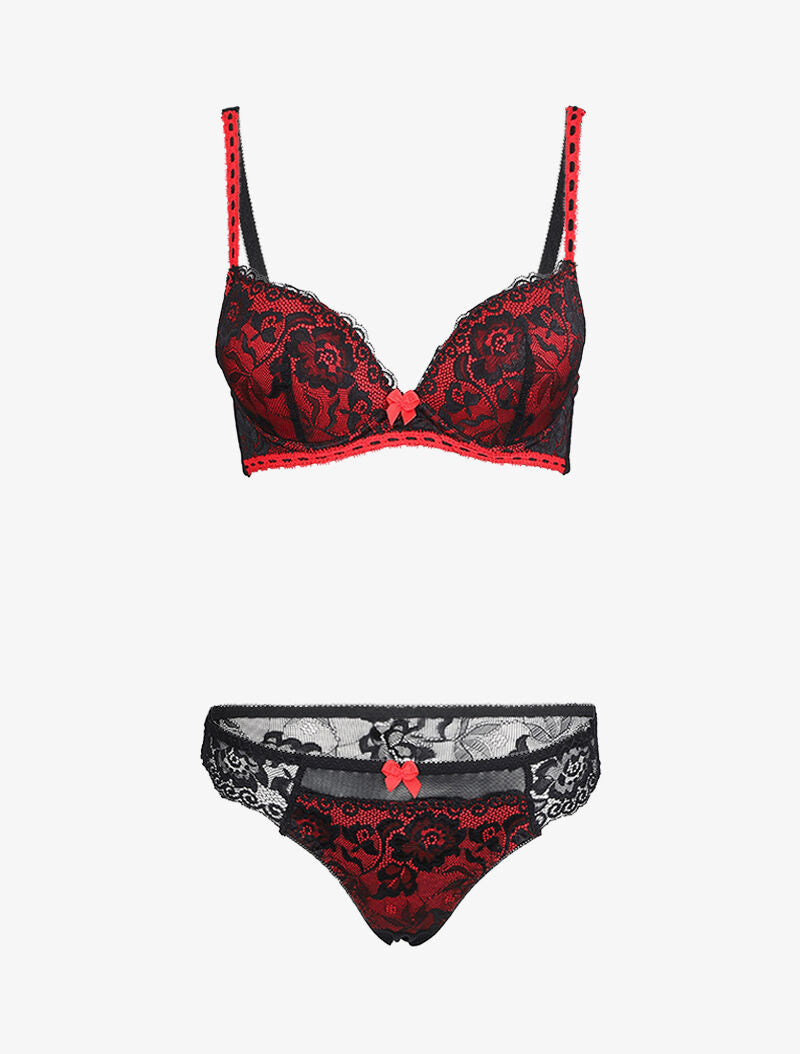 Ensemble à dentelle et résille fleurie - Noir/rouge - 1