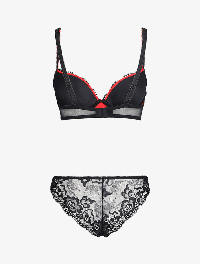 Ensemble à dentelle et résille fleurie - Noir/rouge - 2