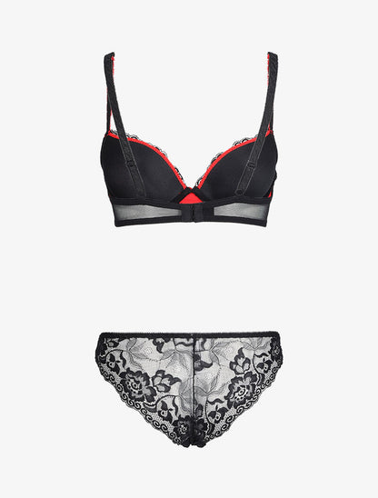 Ensemble à dentelle et résille fleurie - Noir/rouge - 2