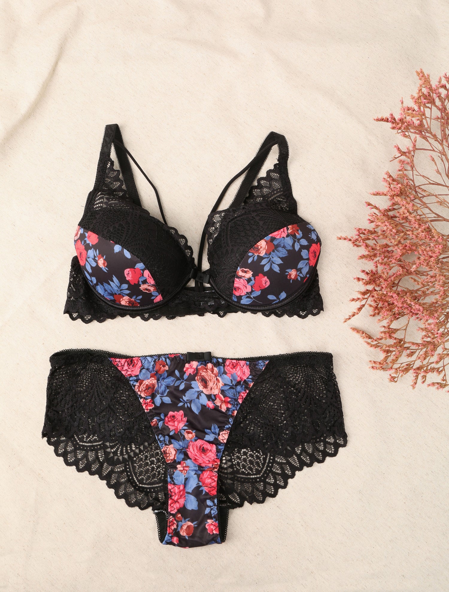 Ensemble imprimé roses et lace out - Noir - 4