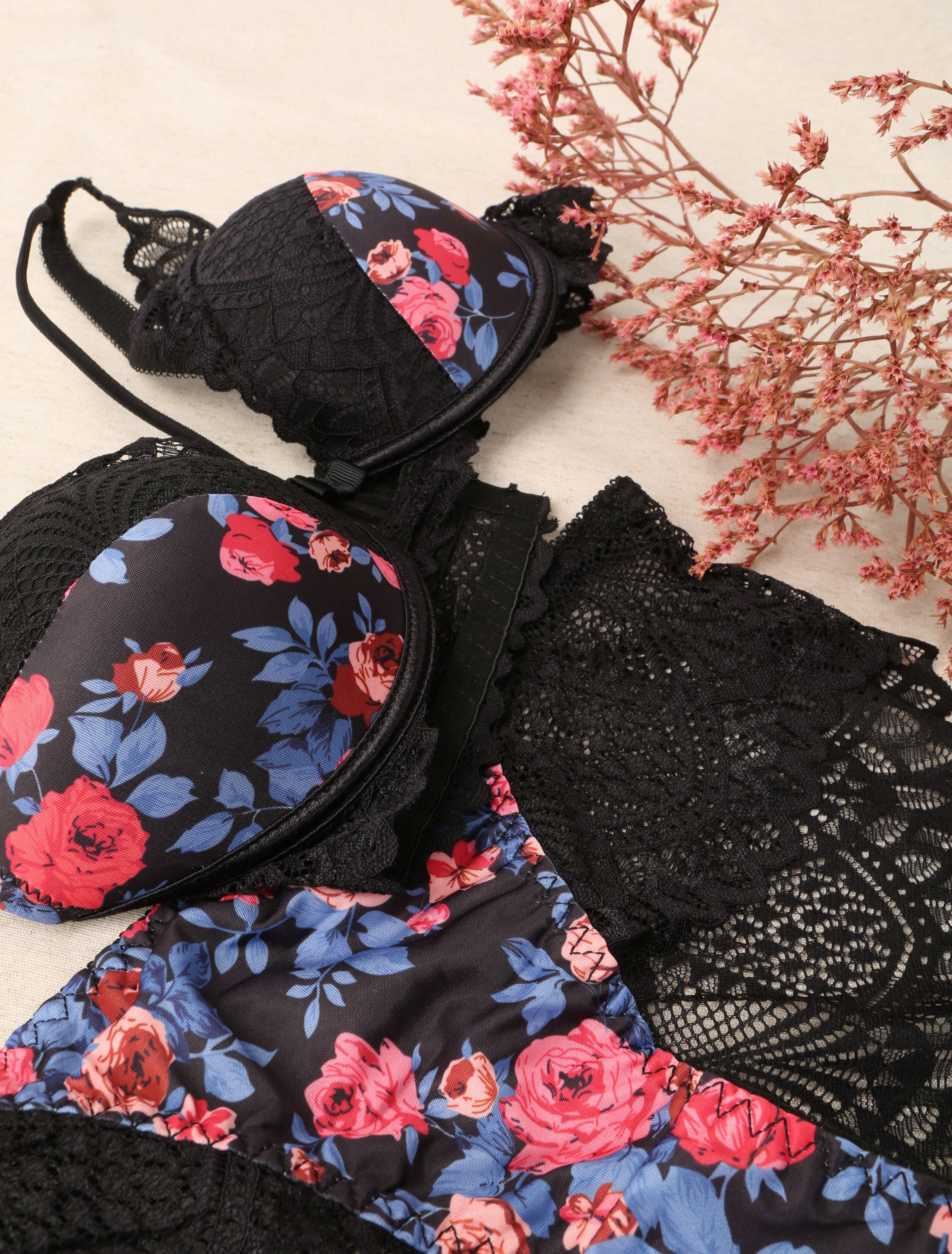 Ensemble imprimé roses et lace out - Noir - 3
