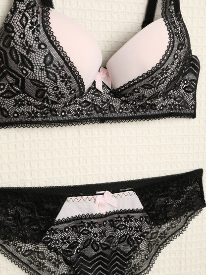 Ensemble en dentelle et zig-zag - Noir/rose - 3