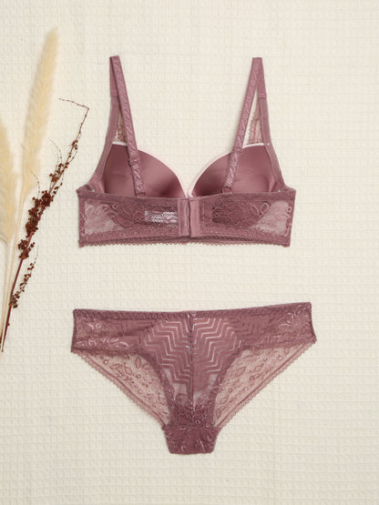 Ensemble en dentelle et zig-zag - Rose parme - 2