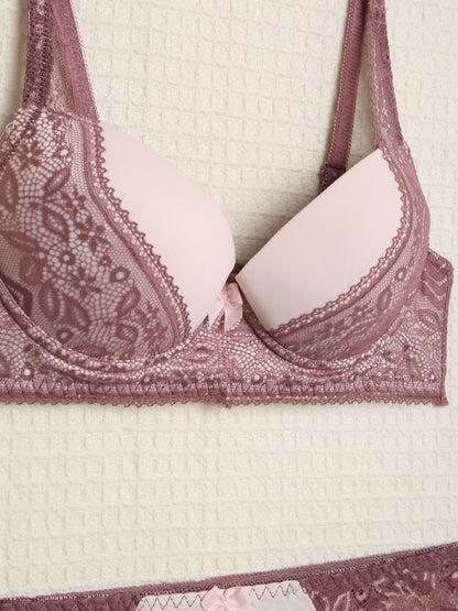 Ensemble en dentelle et zig-zag - Rose parme - 3