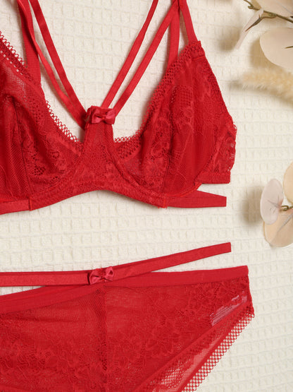 Ensemble en dentelle à lanières croisées - Rouge - 3