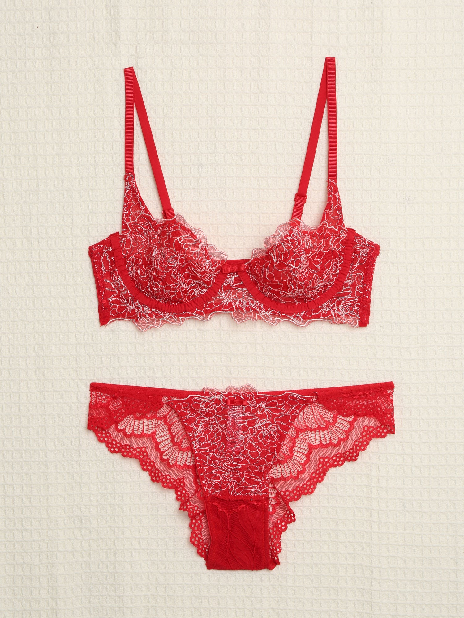 Ensemble en dentelle contrastant - Rouge - 1