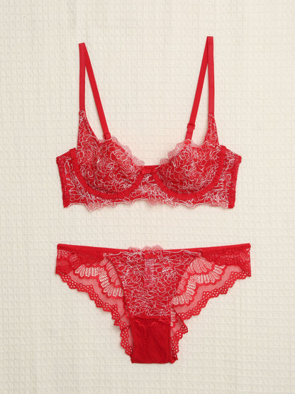 Ensemble en dentelle contrastant - Rouge - 1