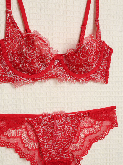 Ensemble en dentelle contrastant - Rouge - 3