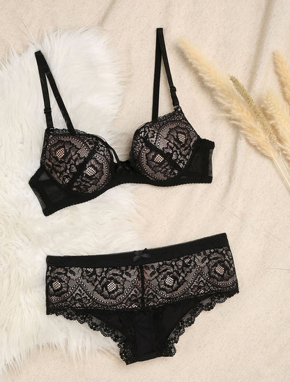 Ensemble en dentelle à liens - Noir/nude - 1