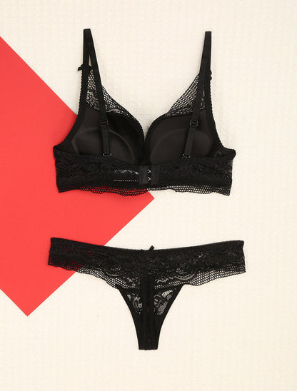 Ensemble en dentelle fleurie à détail noeud - Noir - 2