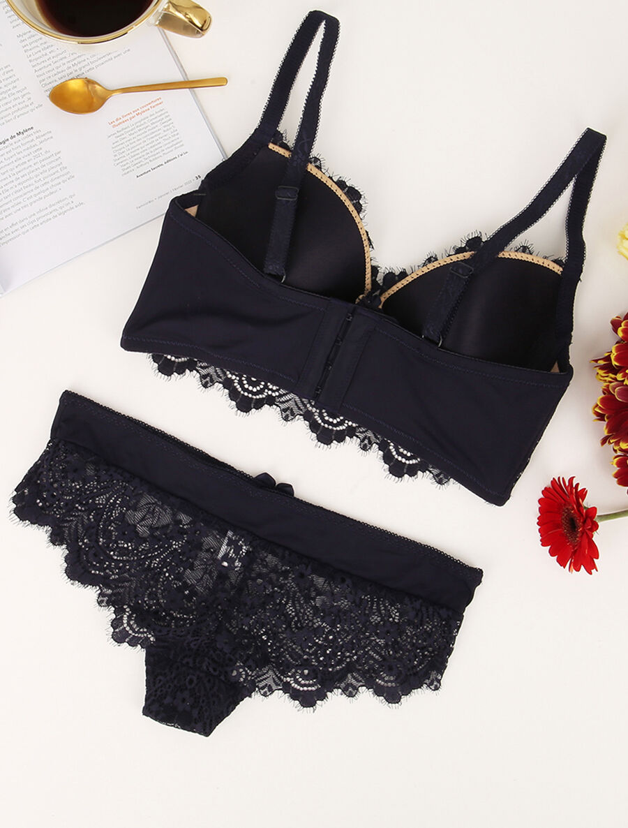 Ensemble en dentelle et en résille - Marine - 2