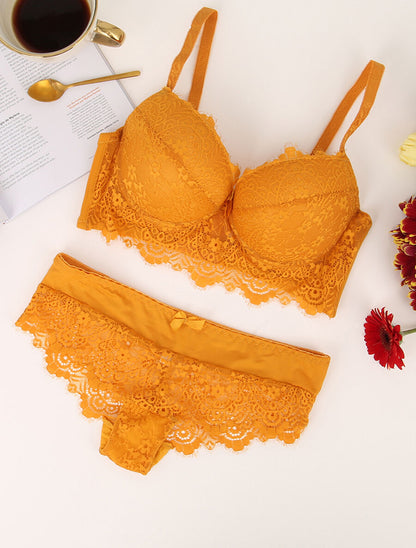 Ensemble en dentelle et en résille - Jaune moutarde - 4