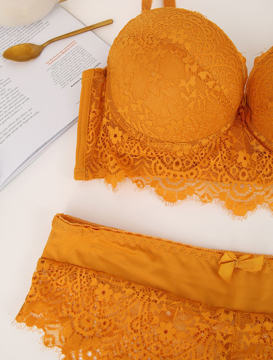 Ensemble en dentelle et en résille - Jaune moutarde - 3