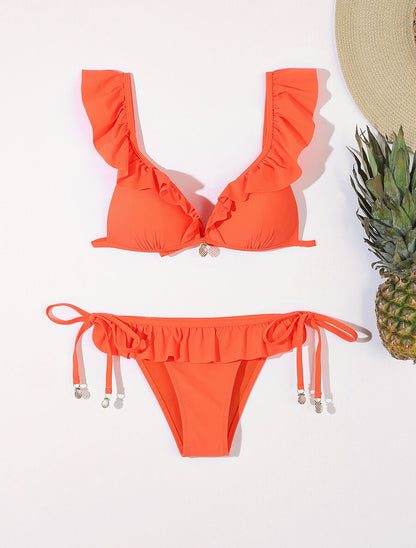 Bikini volanté à détail bijoux ananas - Orange fluo - 1